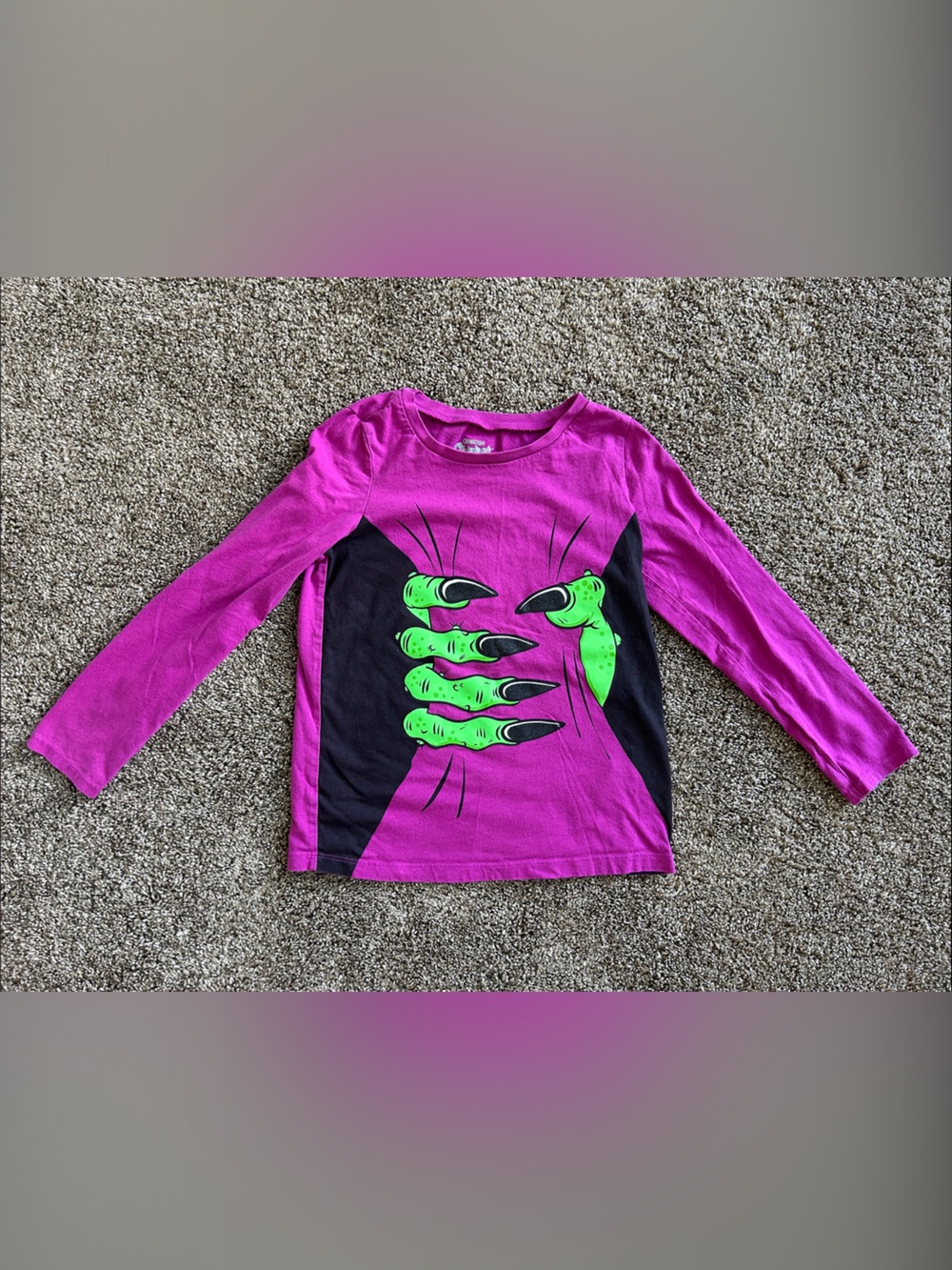 Girls' Long Sleeve Tee with Neon Green Claw Graphic Halloween Size 7